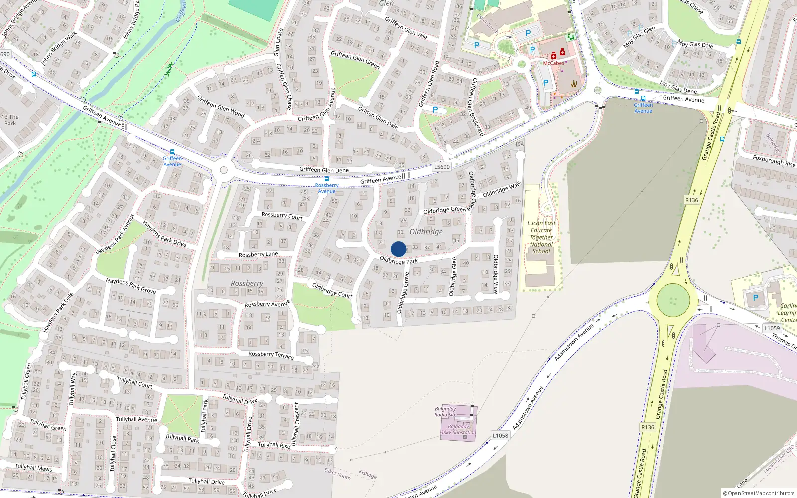 Overhead map showing the location of 27 Oldbridge Park, Lucan