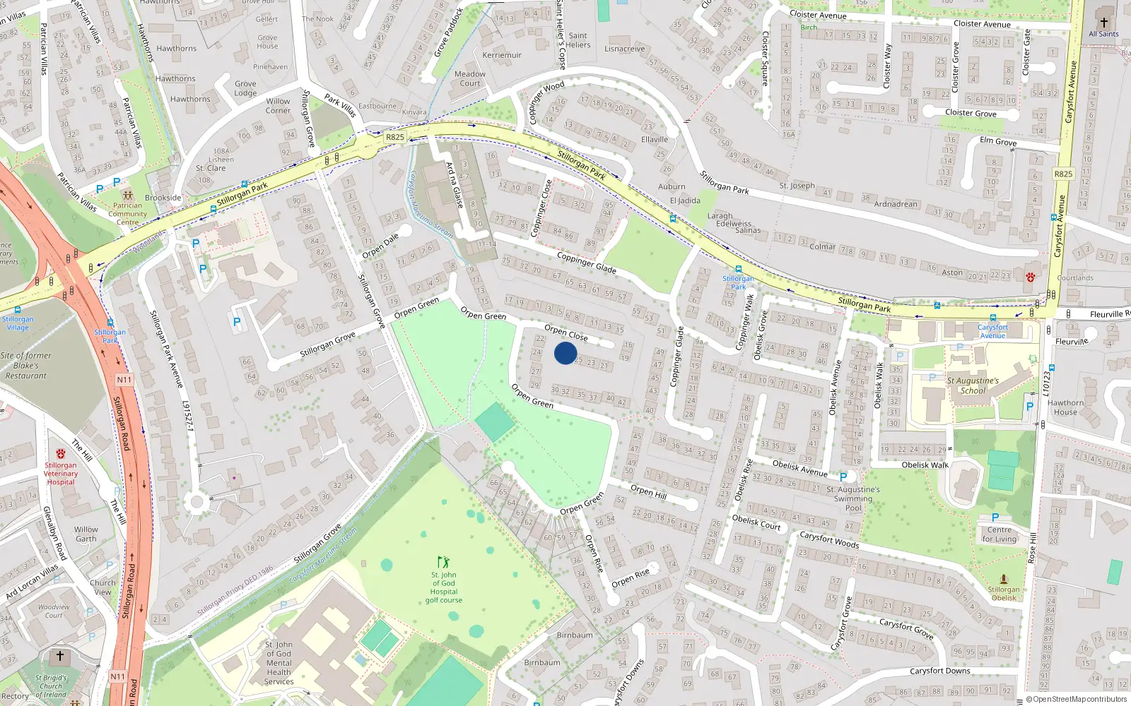 Overhead map showing the location of 27 Orpen Close, Blackrock