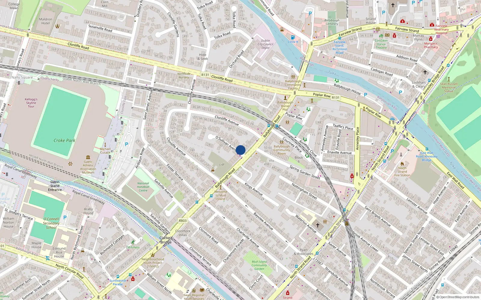 Overhead map showing the location of 27a O'Sullivan Avenue, Dublin 3