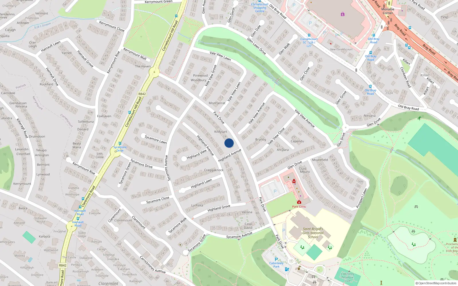 Overhead map showing the location of 27 Park Drive, Dublin 18