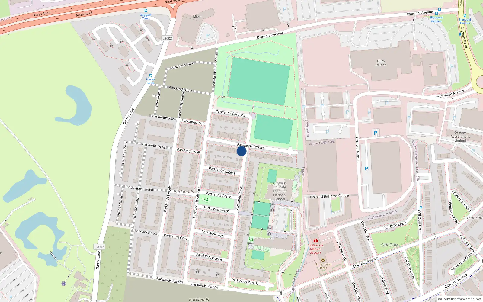 Overhead map showing the location of 27 Parklands Place, Saggart