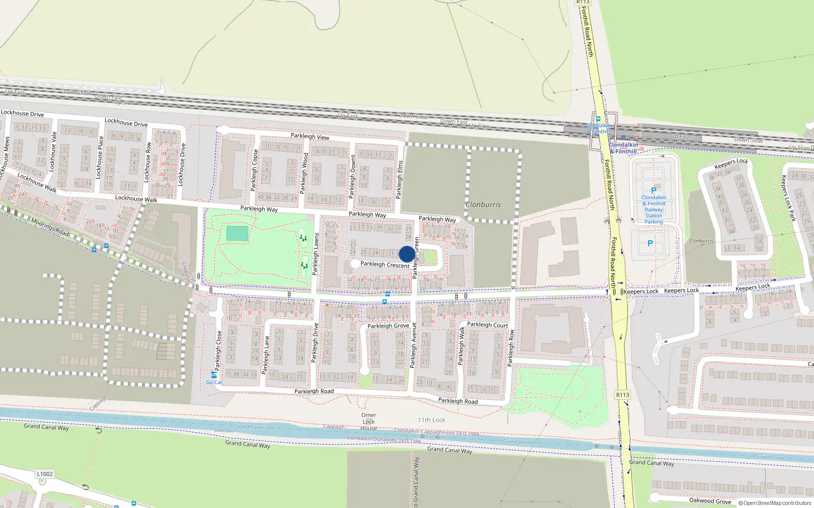 Overhead map showing the location of 27 Parkleigh Green, Dublin 22