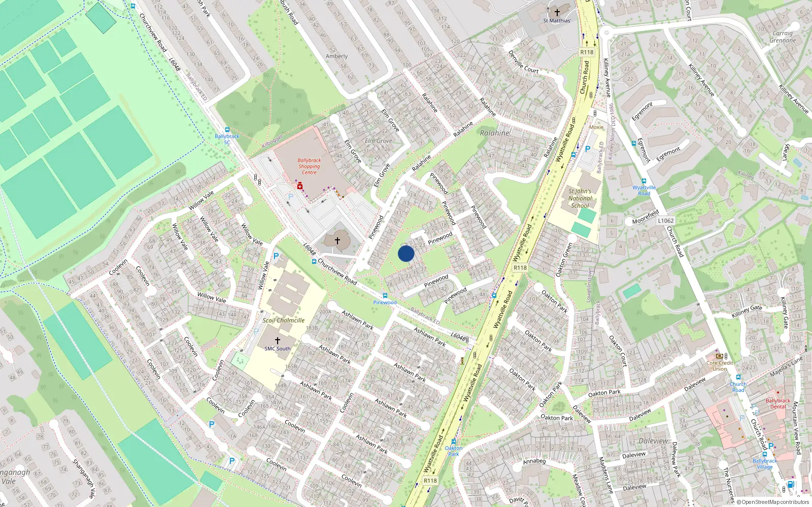 Overhead map showing the location of 27 Pinewood, Ballybrack, Dublin