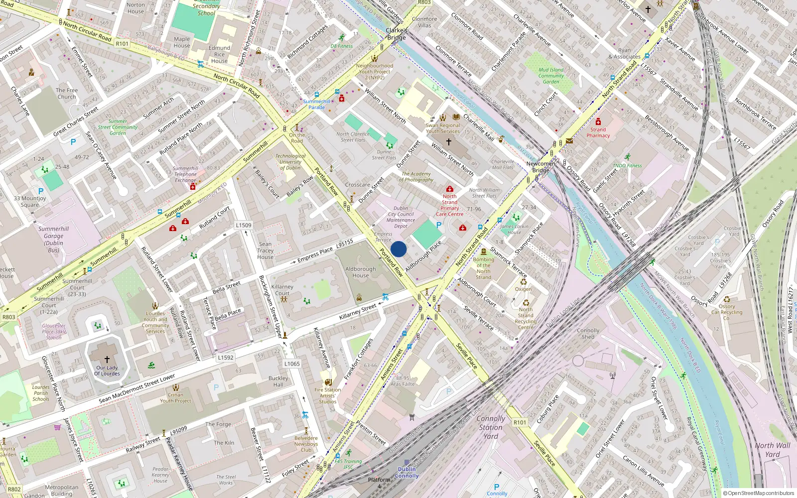 Overhead map showing the location of 27 Portland Row, North Strand Road, Dublin 1