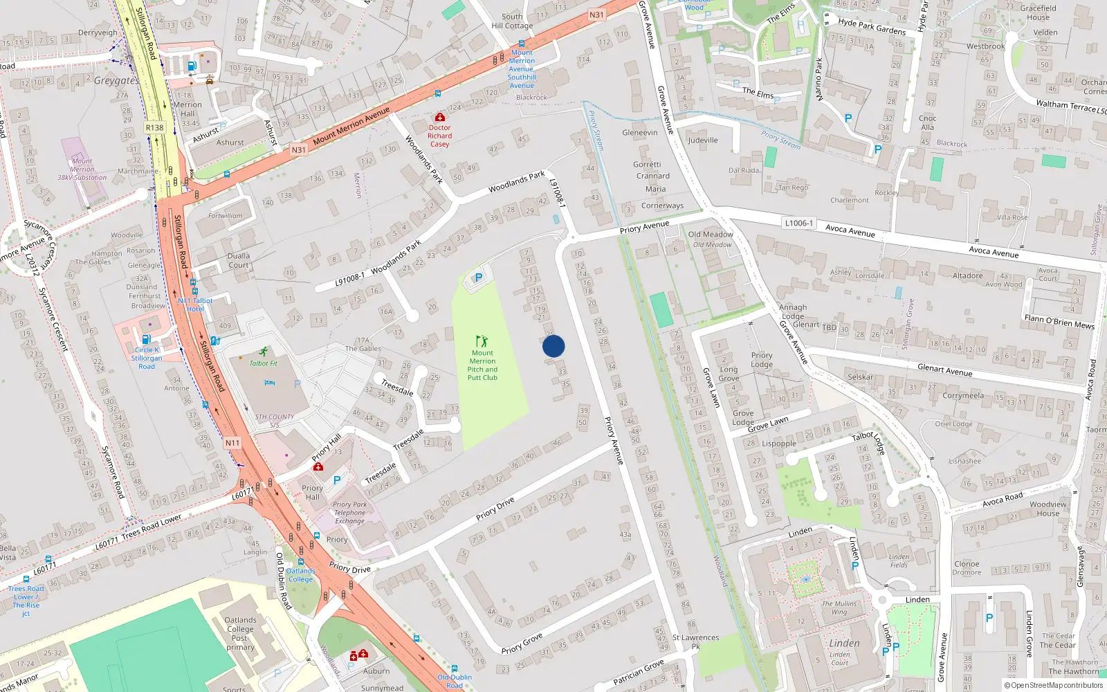 Overhead map showing the location of 27 Priory Avenue, Blackrock