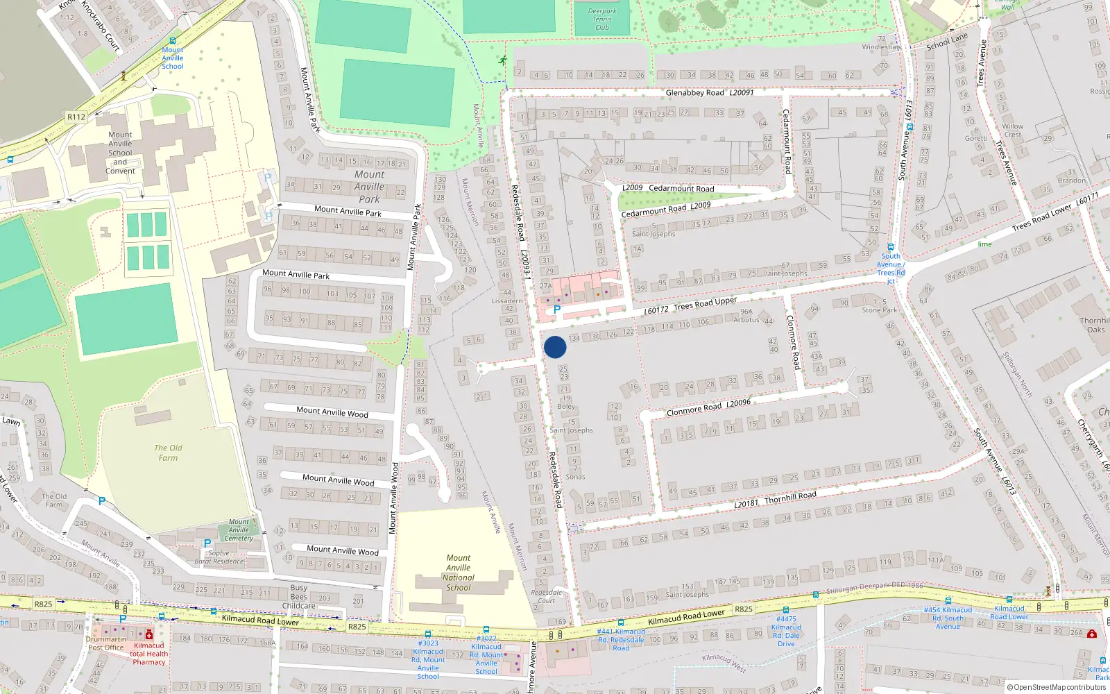 Overhead map showing the location of 27 Redesdale Road, Mount Merrion, Dublin