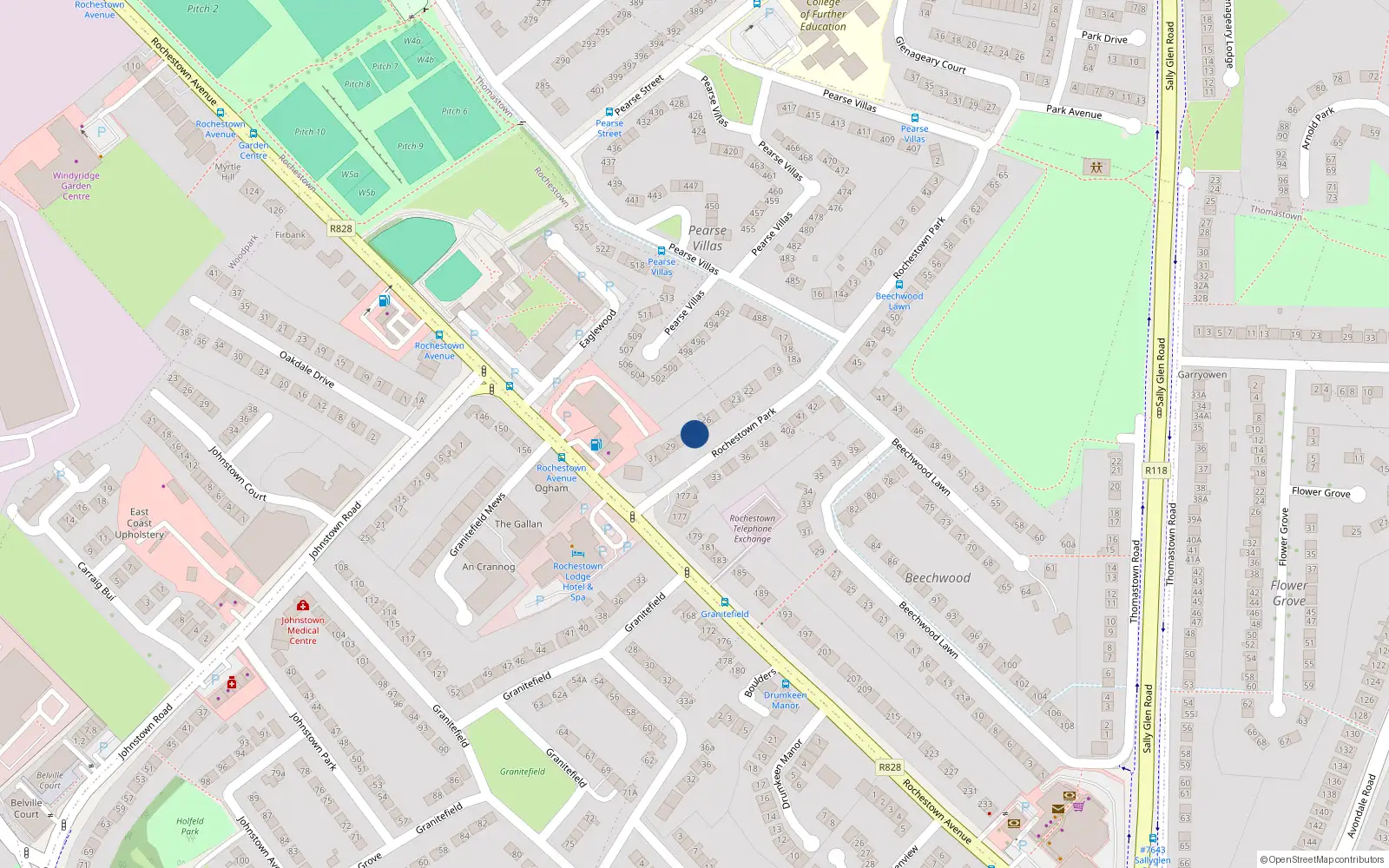Overhead map showing the location of 27 Rochestown Park, Dun Laoghaire, Dublin