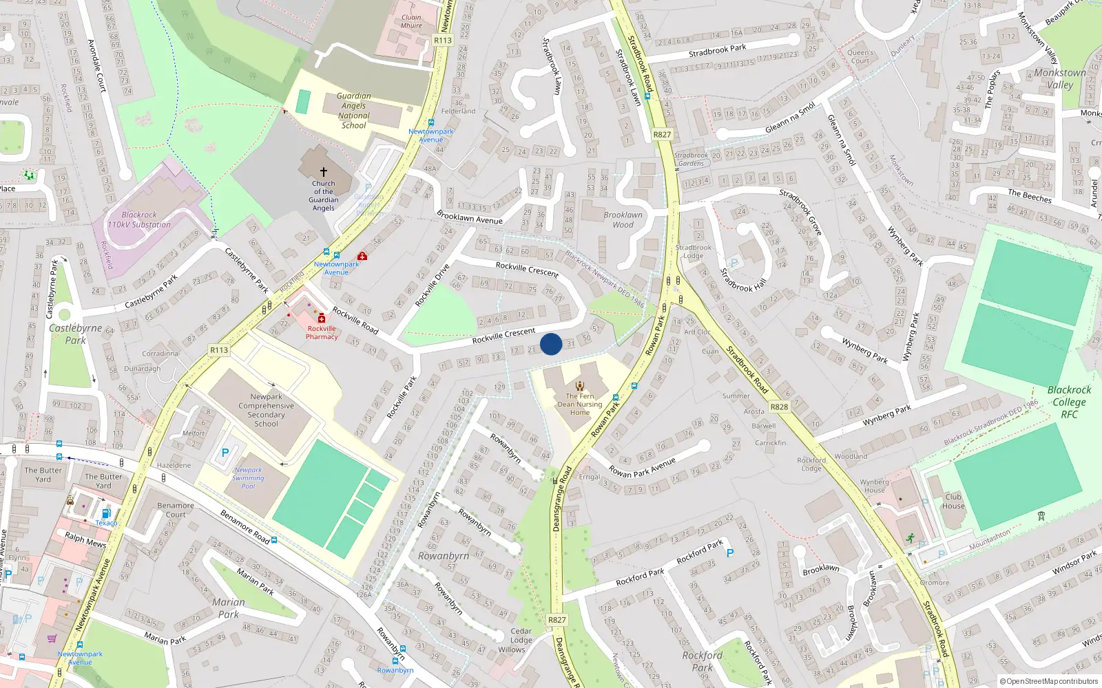 Overhead map showing the location of 27 Rockville Crescent, Blackrock, Dublin