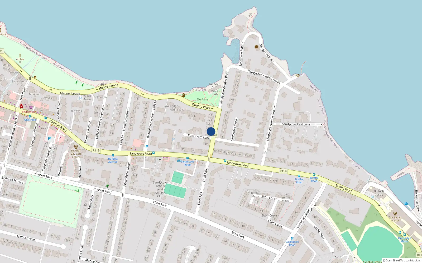Overhead map showing the location of 27 Sandycove Avenue West, Dublin