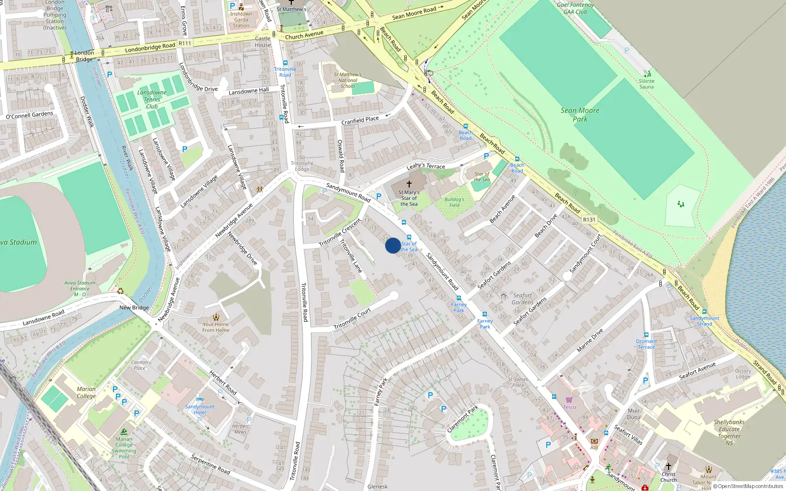 Overhead map showing the location of 27 Sandymount Road, Sandymount