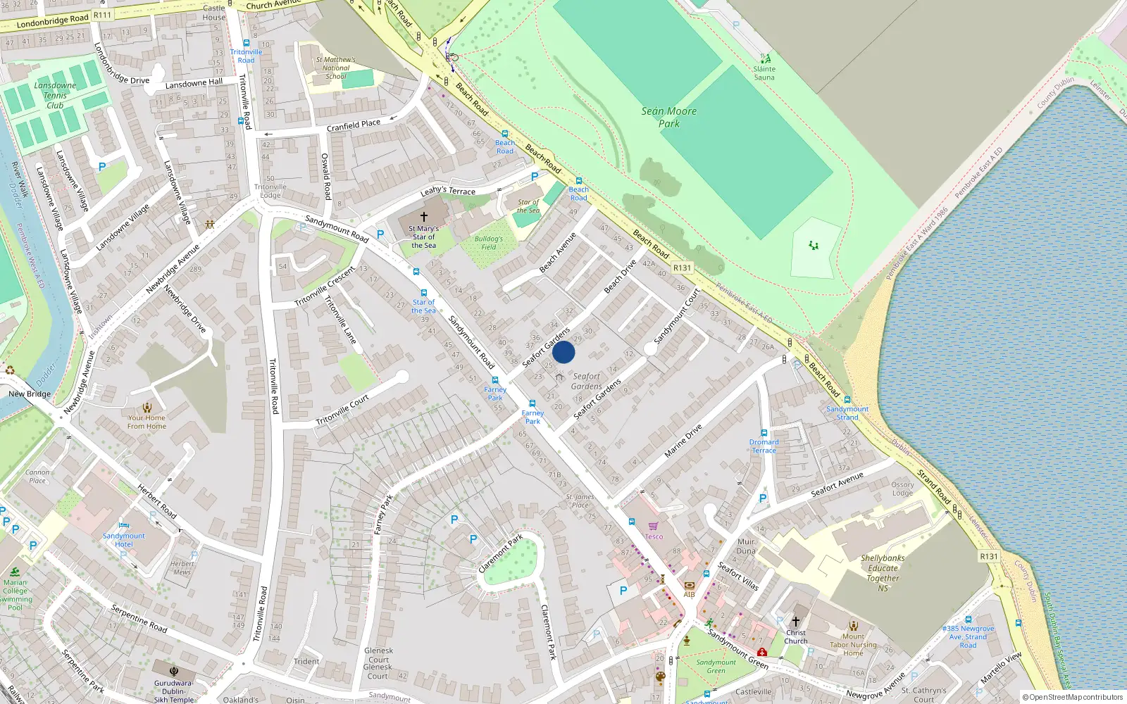Overhead map showing the location of 27 Seafort Gardens, Sandymount