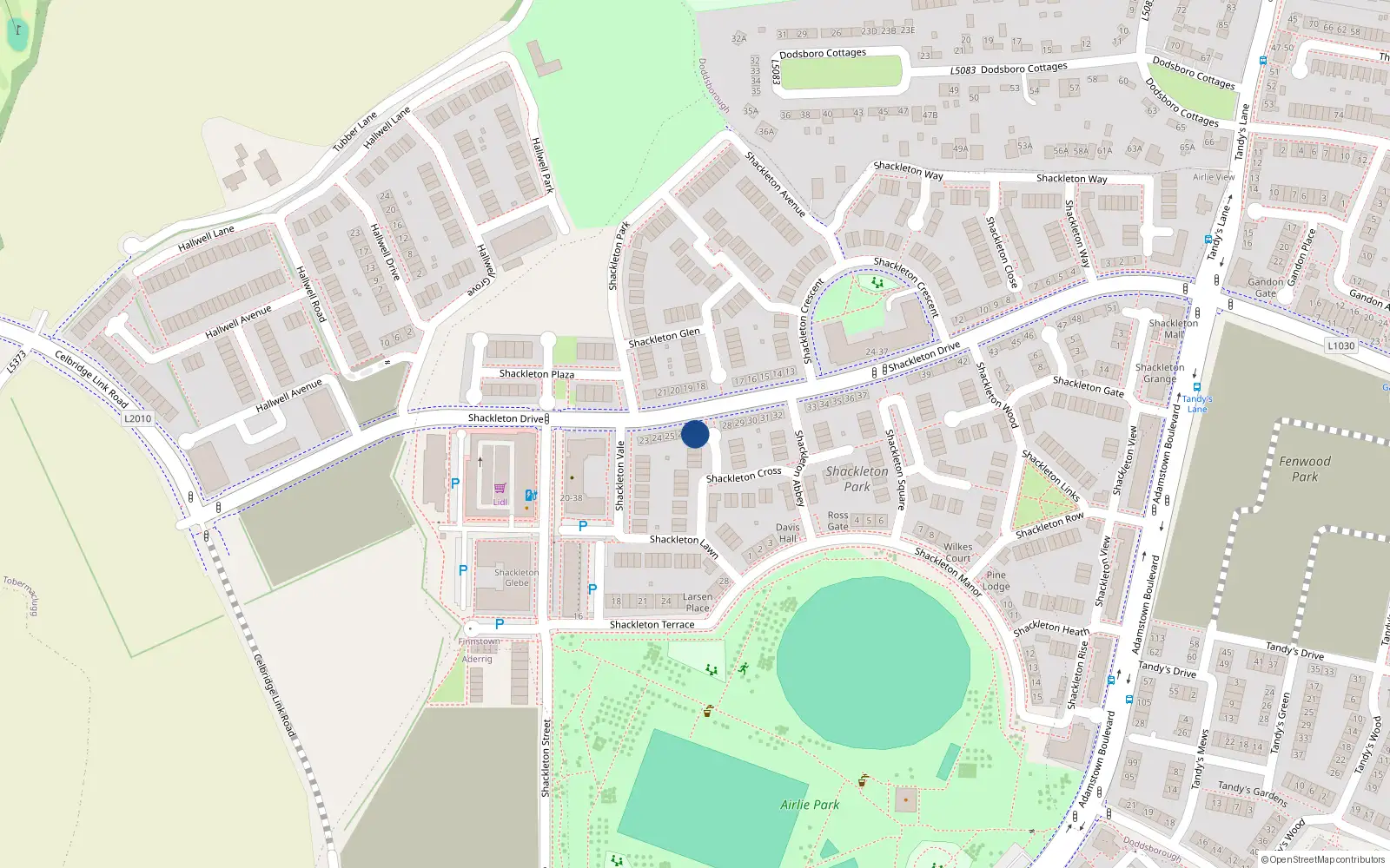 Overhead map showing the location of 27 Shackleton Drive, Finnstown