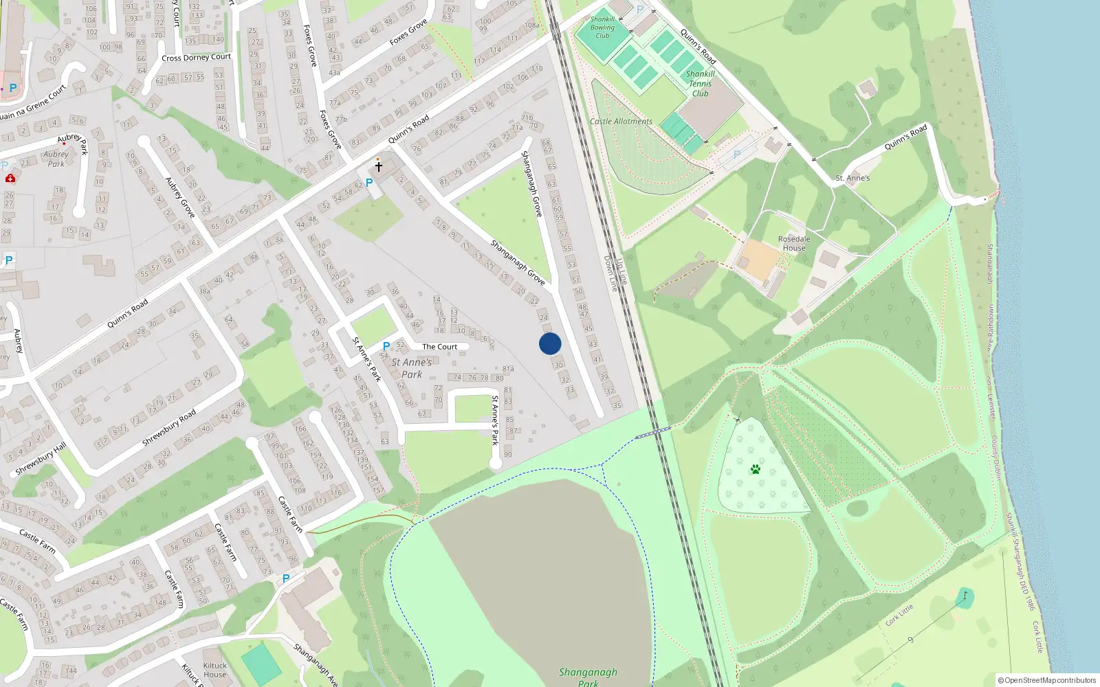 Overhead map showing the location of 27 Shanganagh Grove, Dublin