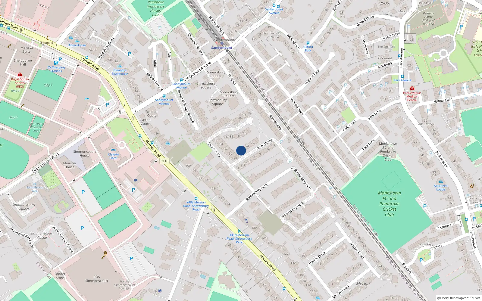 Overhead map showing the location of 27 Shrewsbury, Ballsbridge
