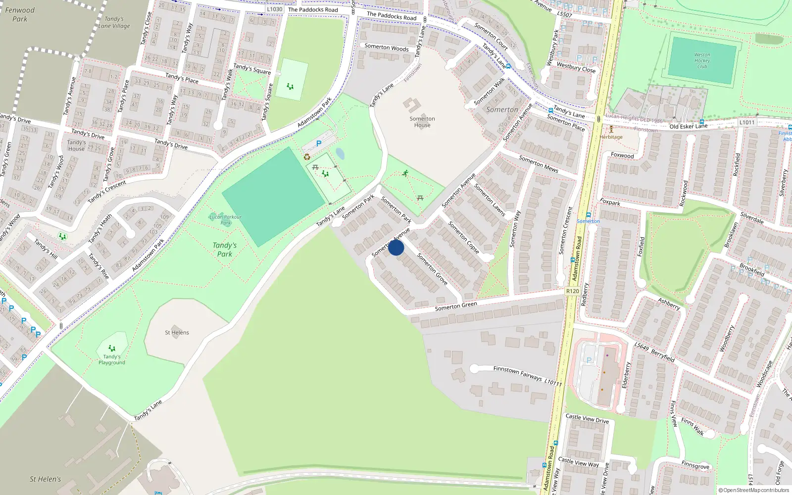 Overhead map showing the location of 27 Somerton Avenue, Lucan