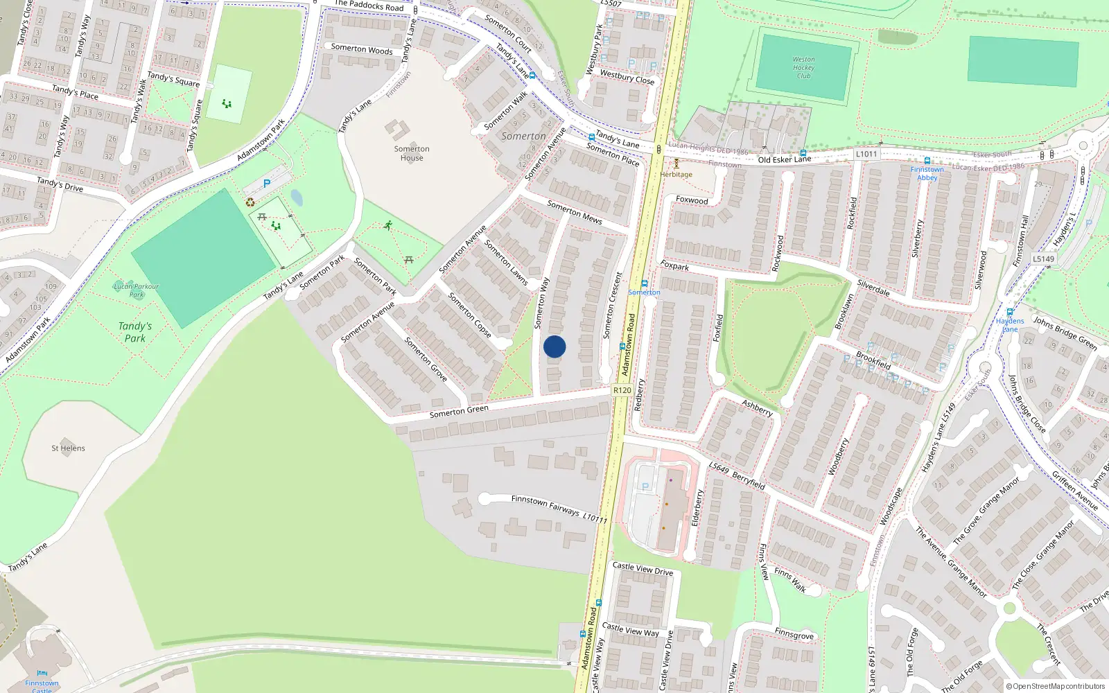 Overhead map showing the location of 27 Somerton Way, Finnstown