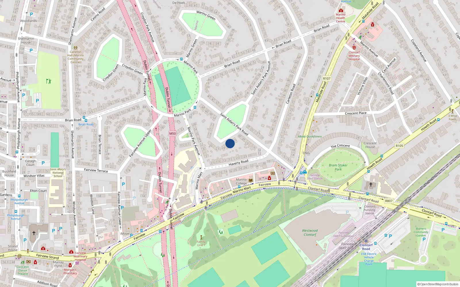 Overhead map showing the location of 27 St Aidans Park, Marino, Dublin 3