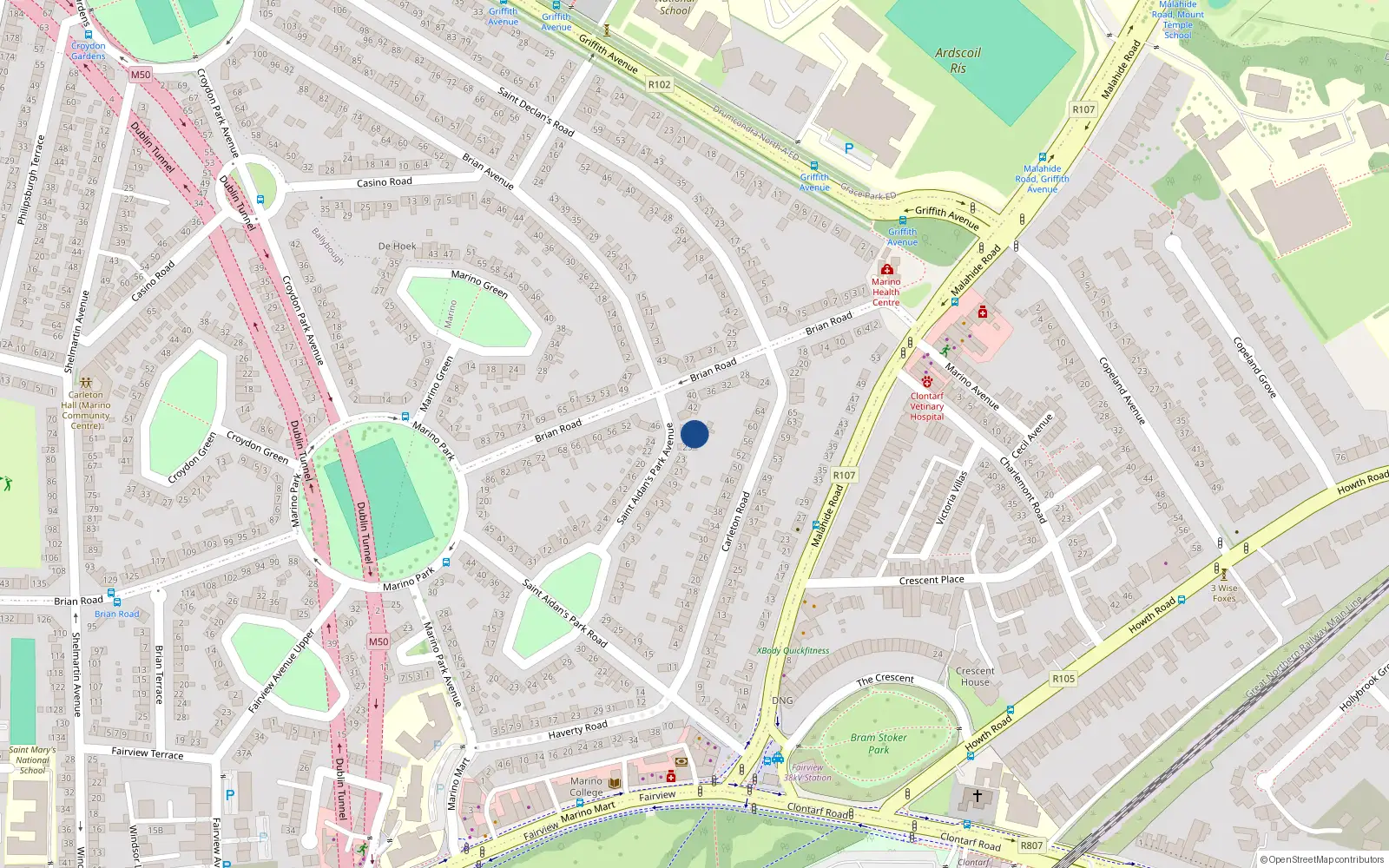 Overhead map showing the location of 27 St. Aidans Park Road, Marino