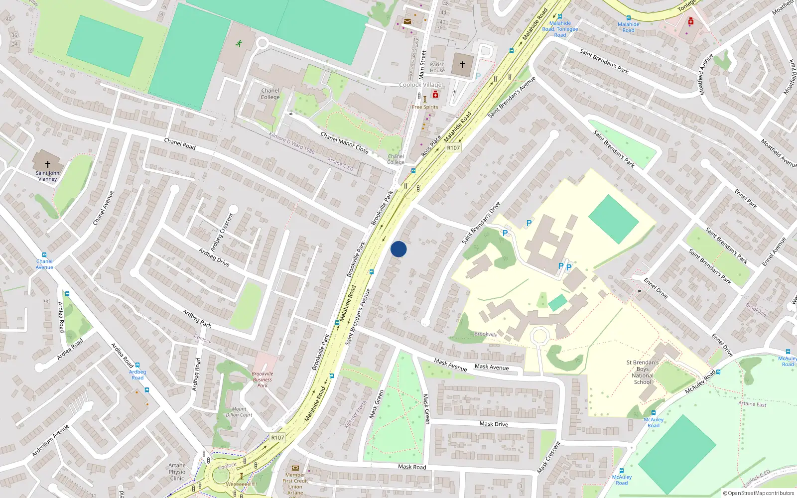 Overhead map showing the location of 27 St. Brendans Avenue, Coolock, Dublin 5