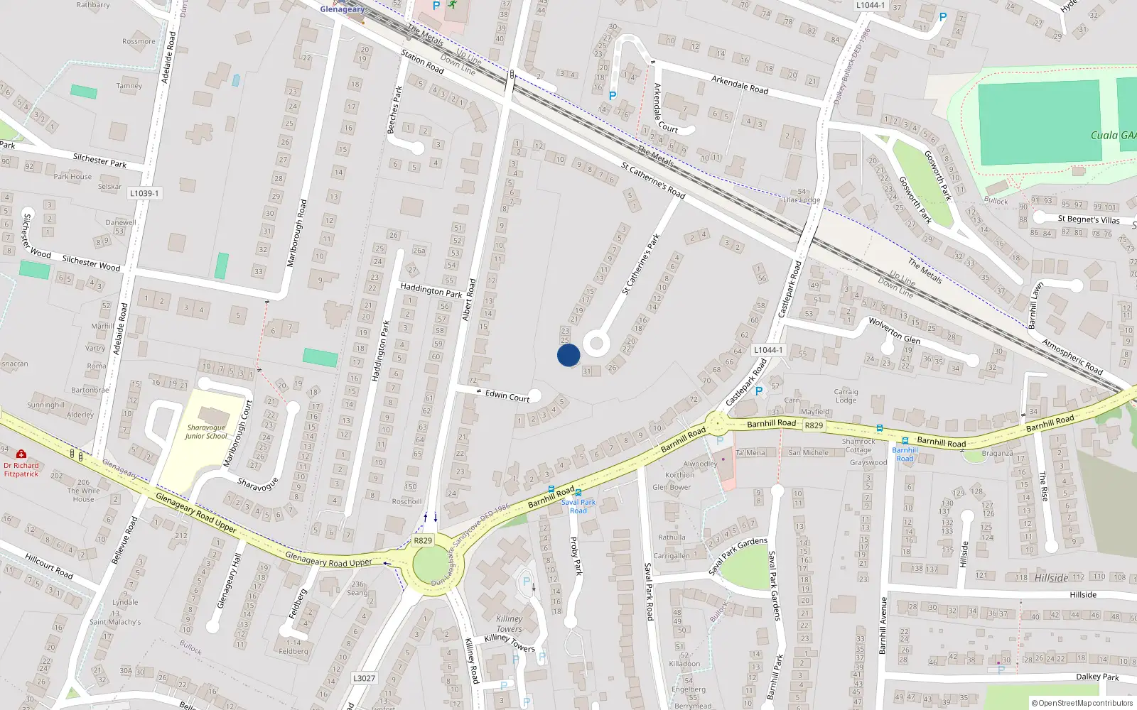 Overhead map showing the location of 27 St Catherines Park, Glenageary, Dublin