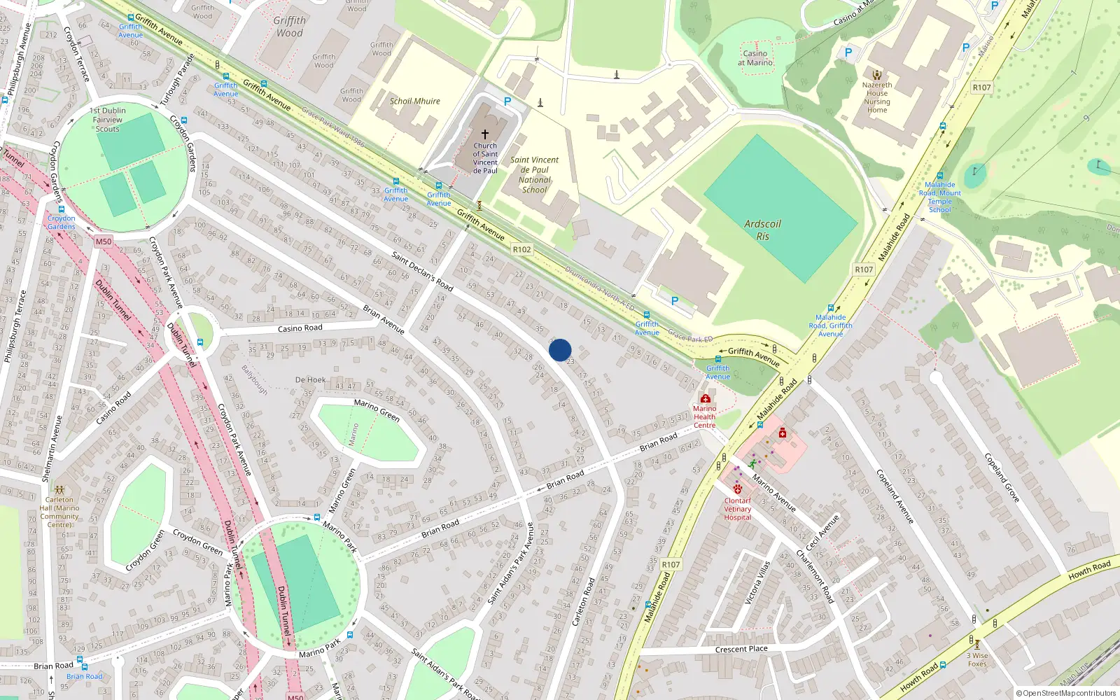 Overhead map showing the location of 27 St Declans Road, Marino, Dublin 3