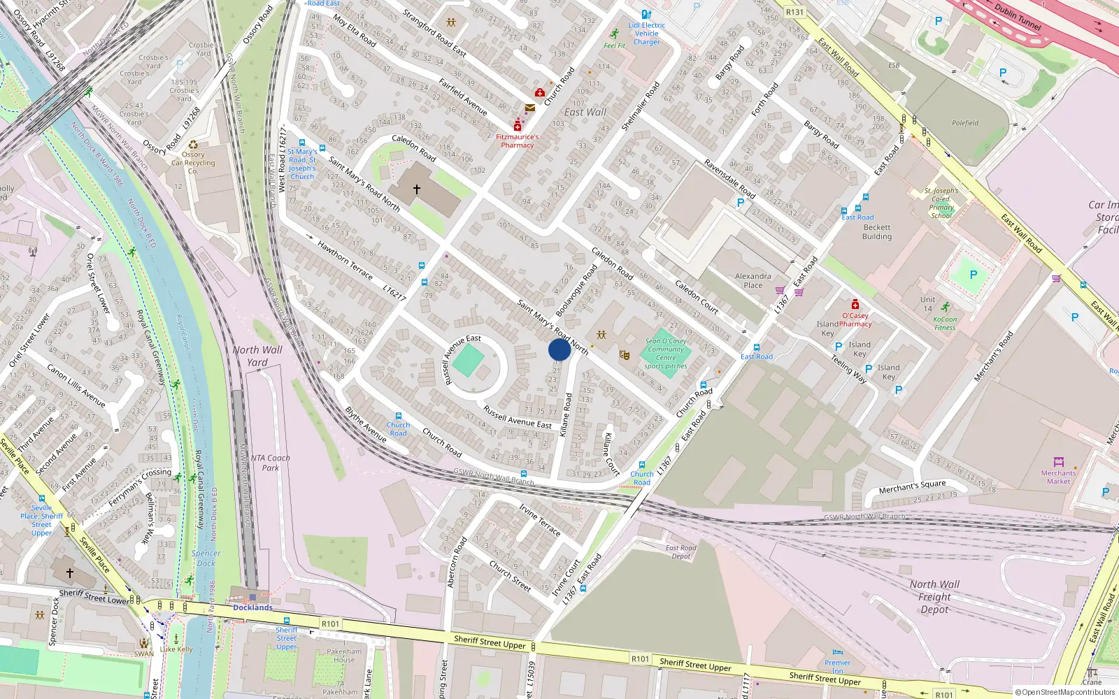 Overhead map showing the location of 27 St Marys Road, East Wall, Dublin 3