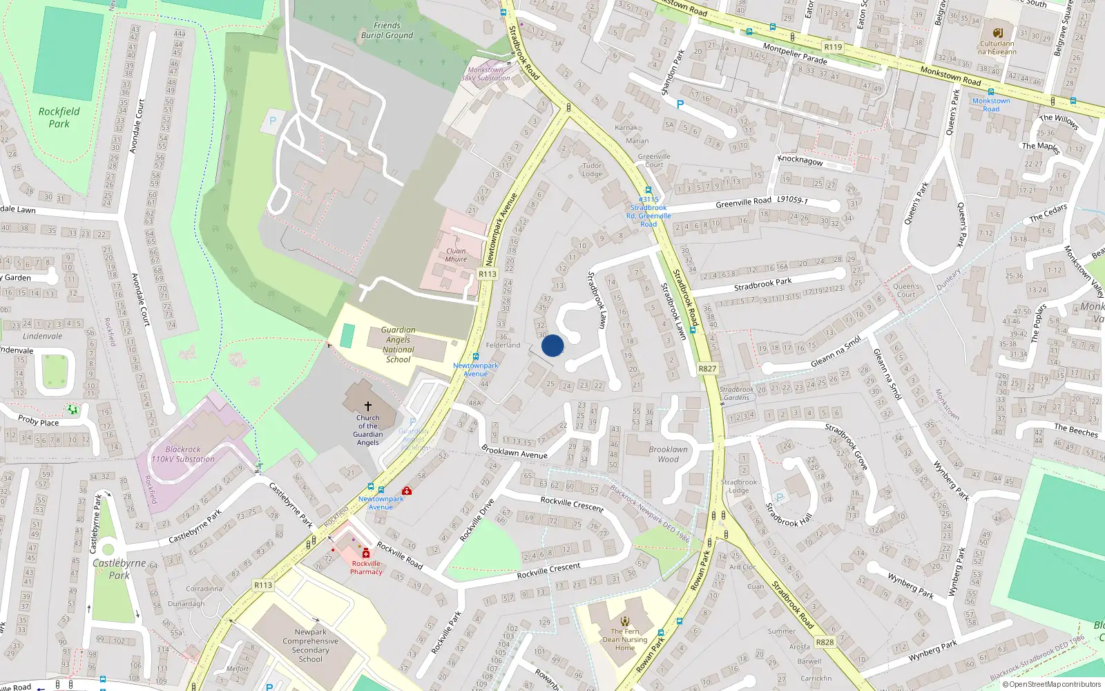Overhead map showing the location of 27 Stradbrook Lawn, Blackrock