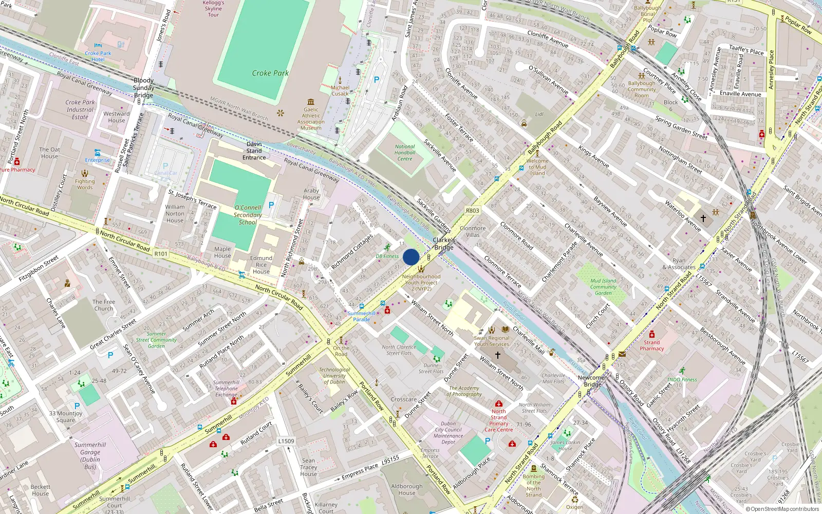 Overhead map showing the location of 27 Summerhill Parade, Dublin