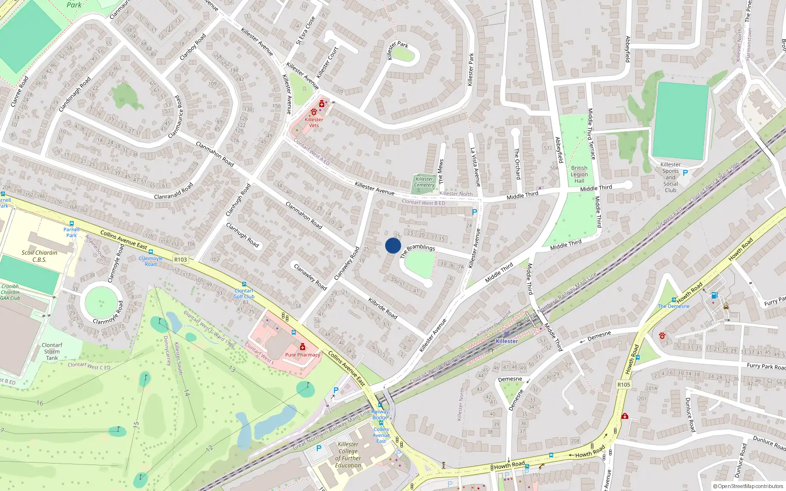 Overhead map showing the location of 27 the Bramblings, Killester, Dublin 5