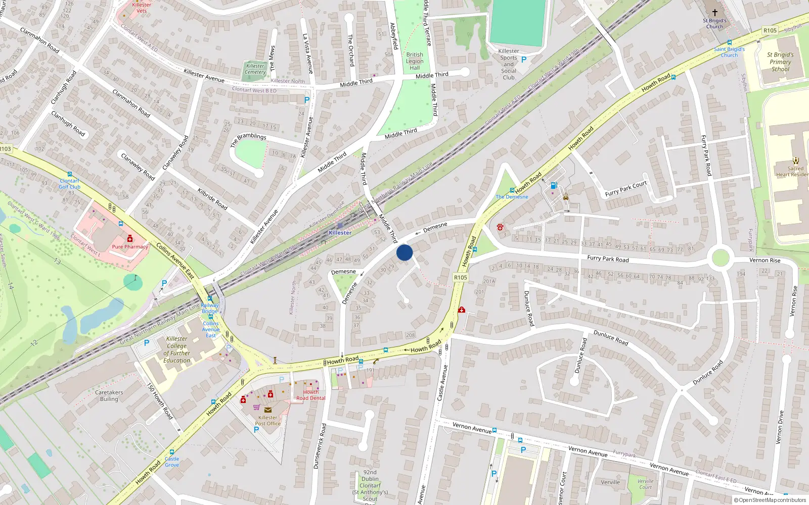 Overhead map showing the location of 27 The Demesne, Dublin 5