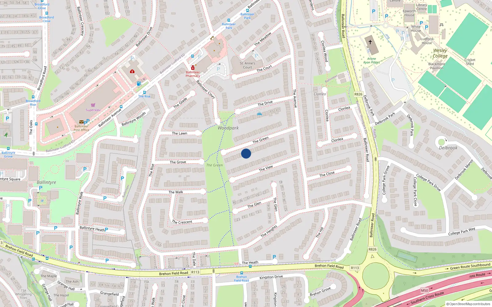 Overhead map showing the location of 27 The Green, Dublin 16