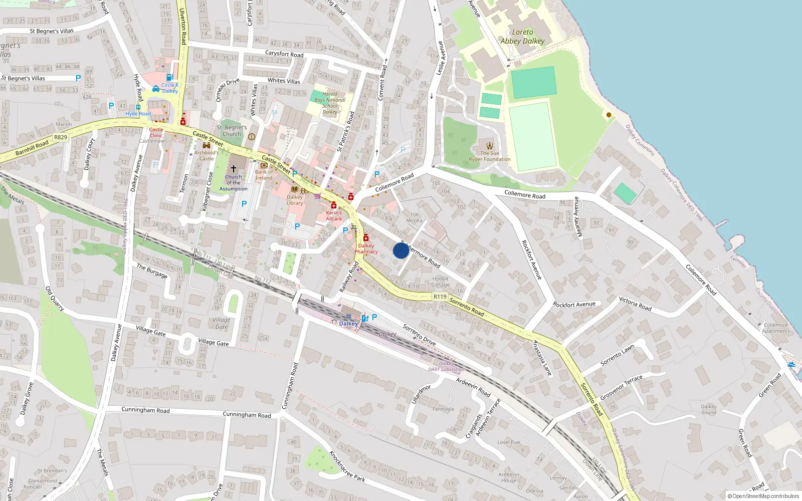 Overhead map showing the location of 27 Tubbermore Road, Dalkey