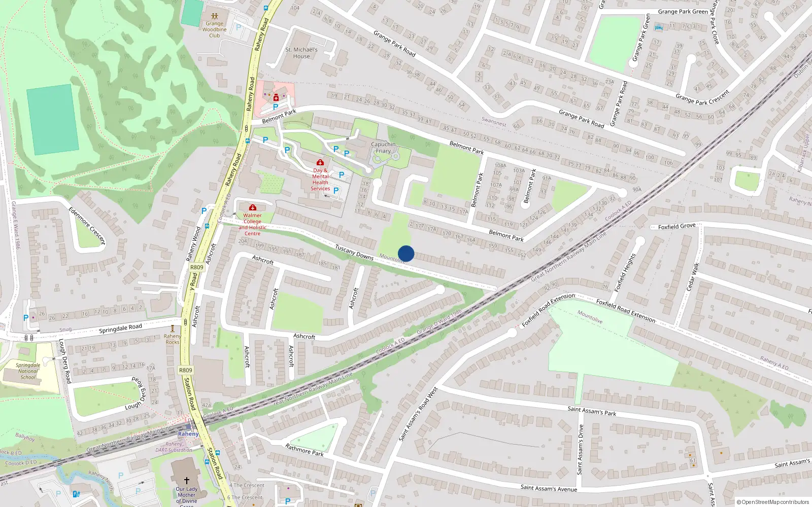 Overhead map showing the location of 27 Tuscany Downs, Dublin 5