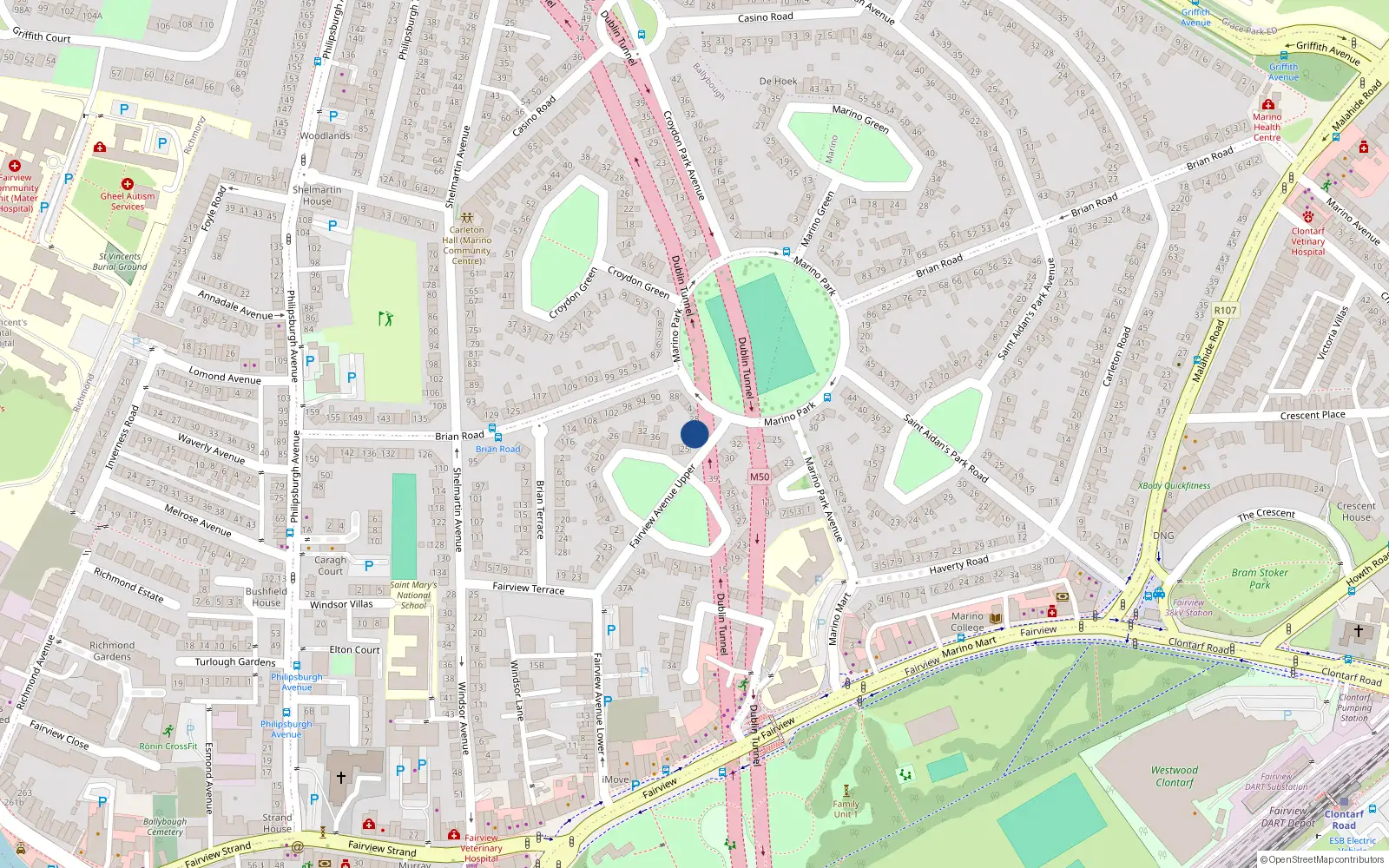 Overhead map showing the location of 27 Upper Fairview Avenue, Fairview, Dublin 3