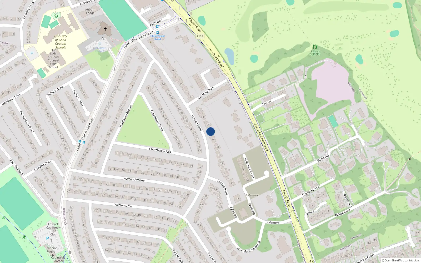 Overhead map showing the location of 27 Watson Road, Killiney