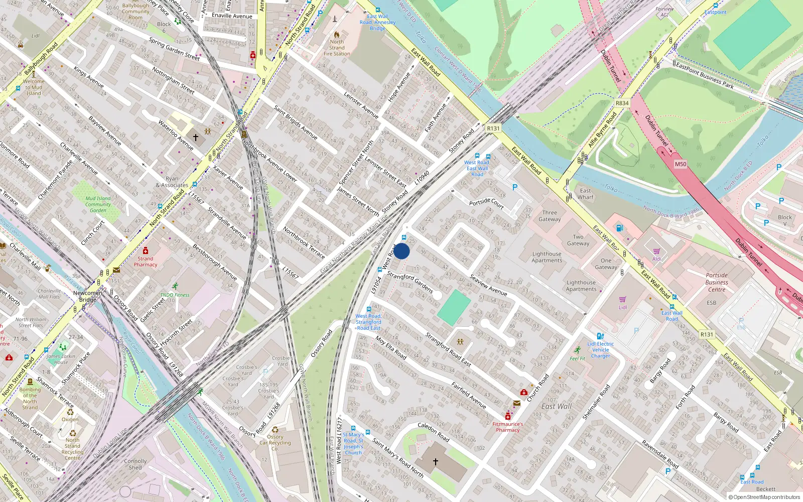 Overhead map showing the location of 27 West Road, Dublin 3