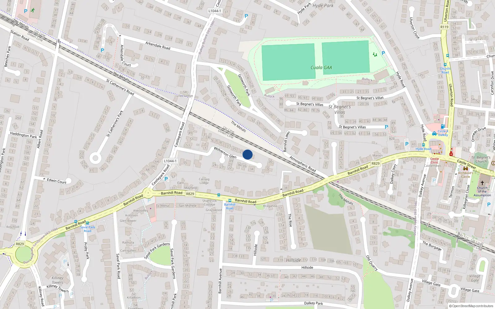 Overhead map showing the location of 27 Wolverton Glen, Dalkey