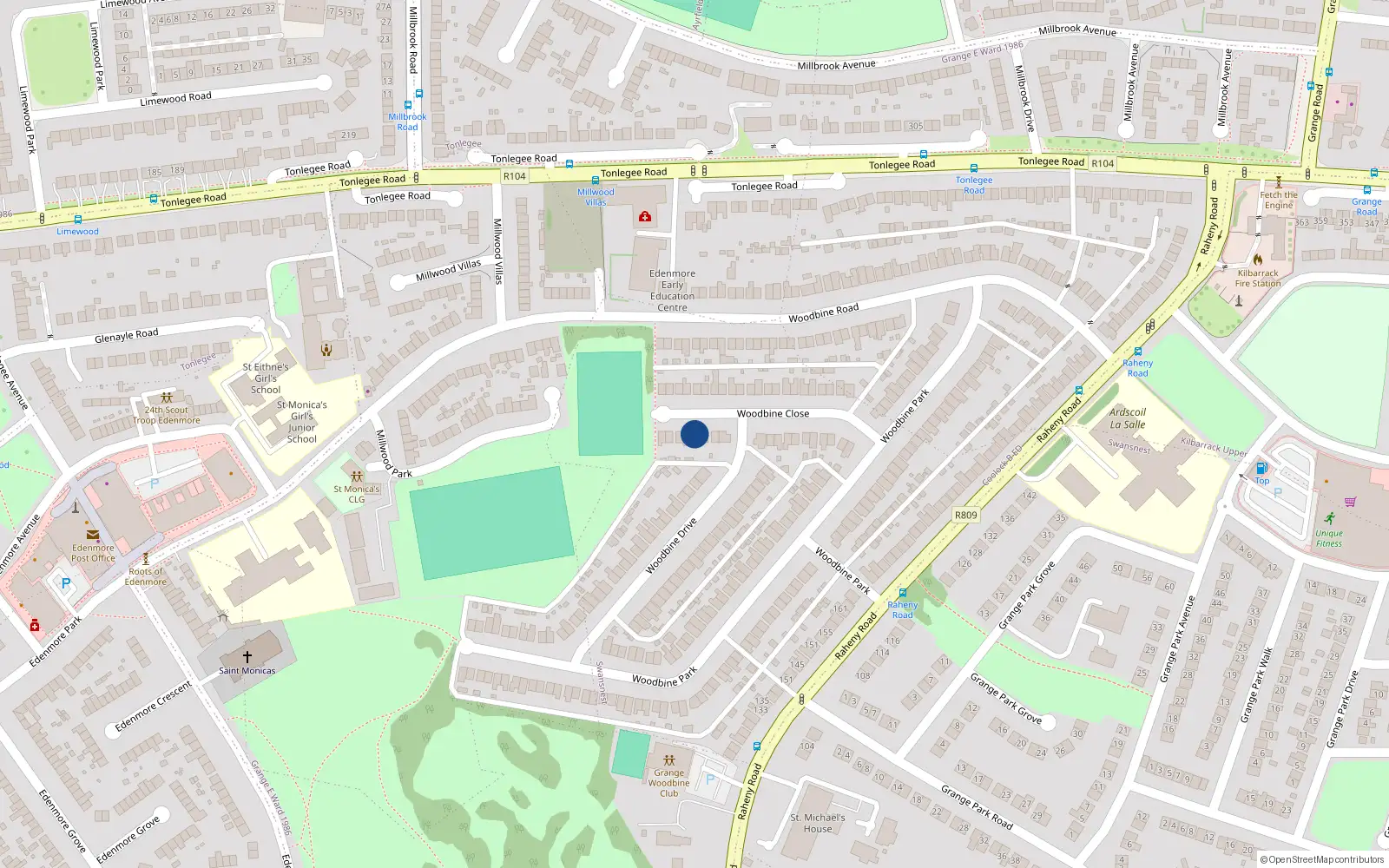 Overhead map showing the location of 27 Woodbine Close, Dublin 5