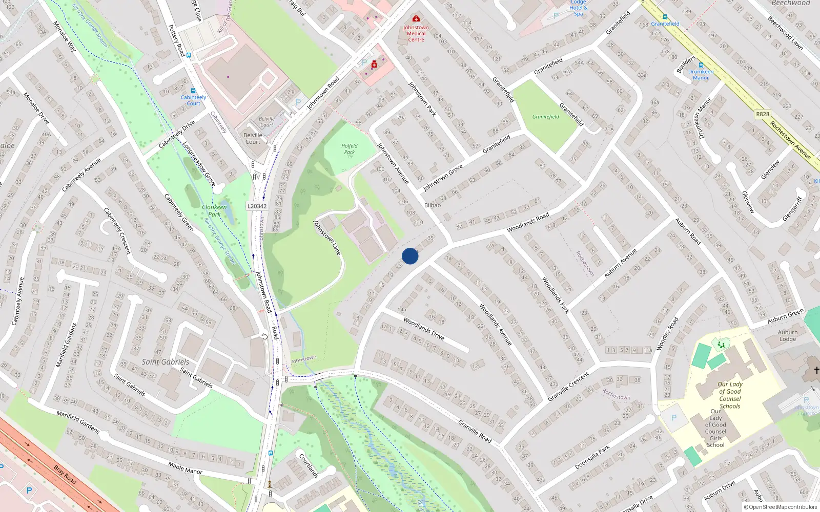 Overhead map showing the location of 27 Woodlands Road, Dublin