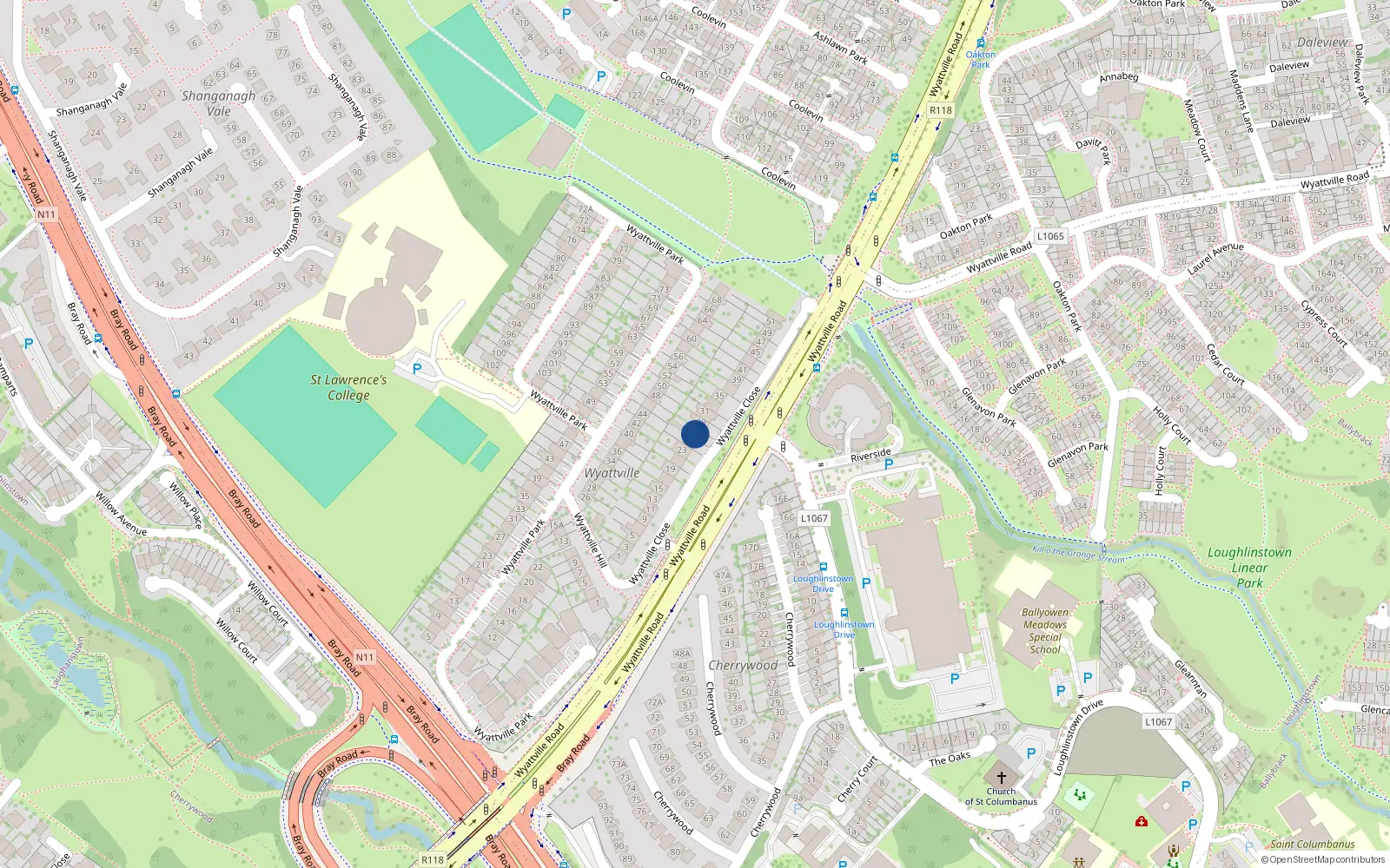 Overhead map showing the location of 27 Wyattville Close, Dun Laoghaire