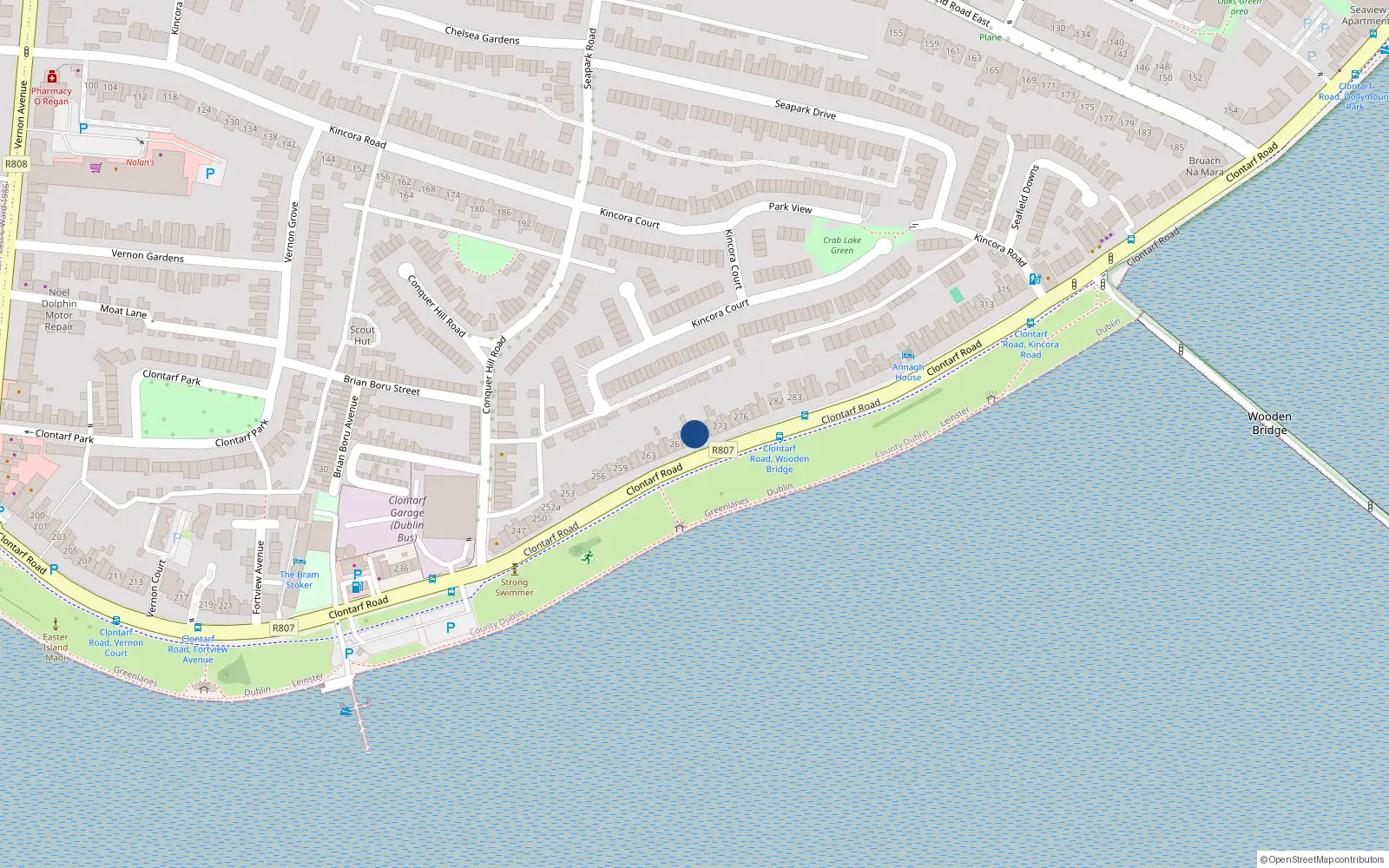 Overhead map showing the location of 270 Clontarf Road, Dublin 3, Dublin