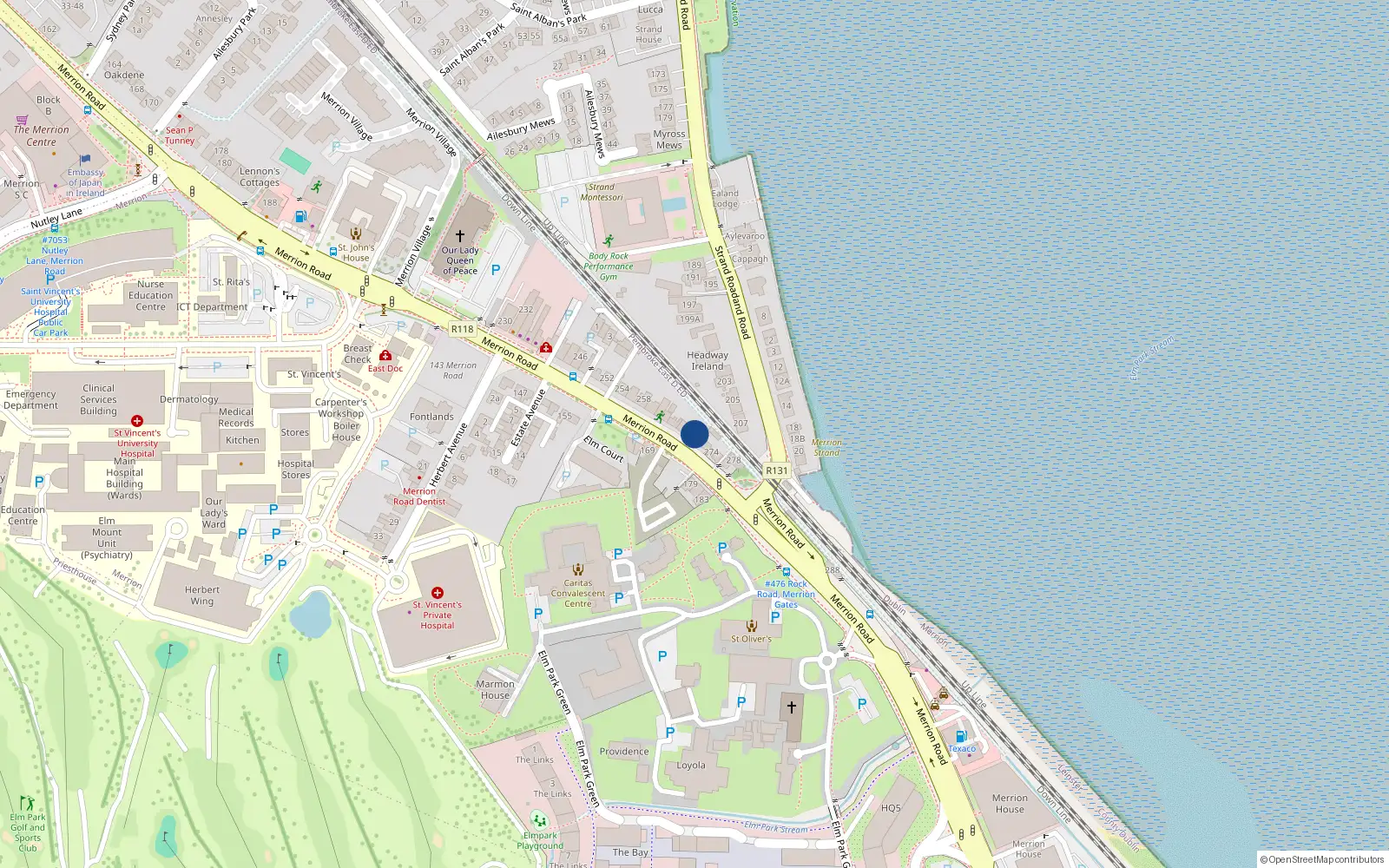 Overhead map showing the location of 270 Merrion Road, Merrion