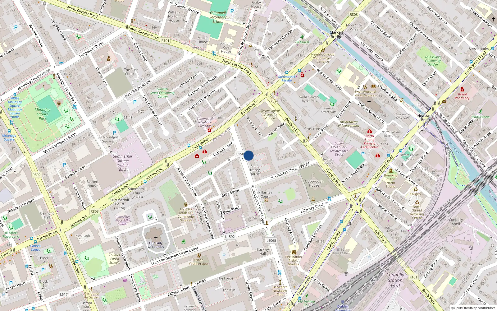 Overhead map showing the location of 27 Buckingham Street Upper, Dublin 1