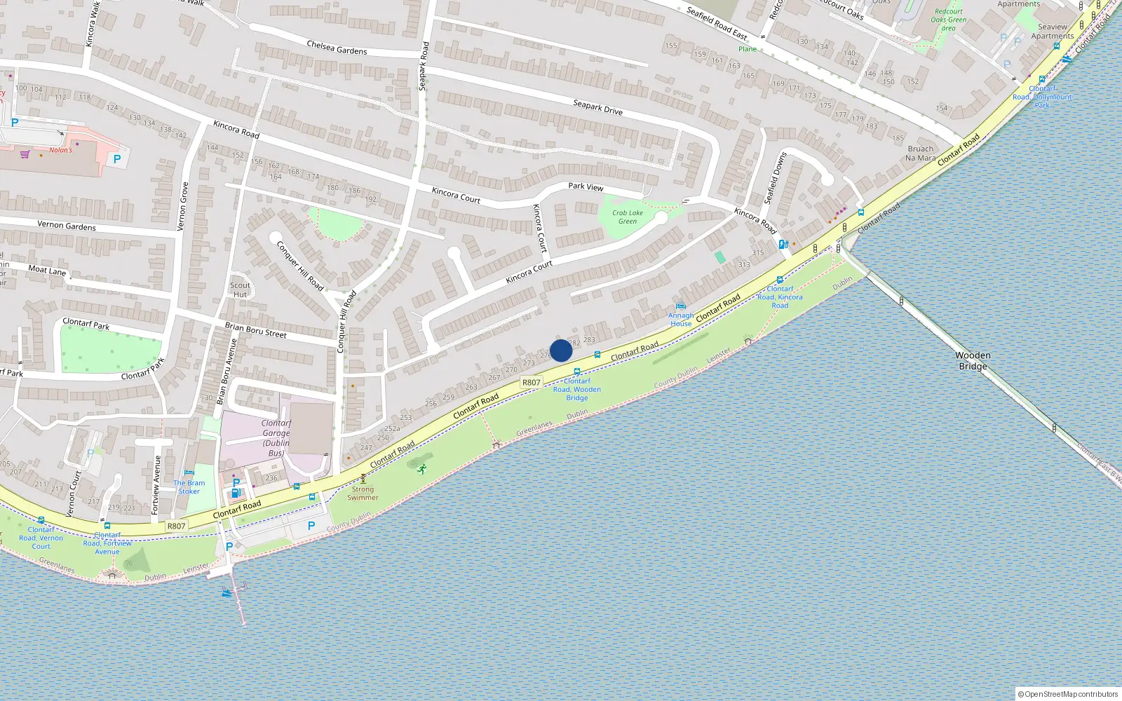 Overhead map showing the location of 279 Clontarf Road, Clontarf, Dublin 3