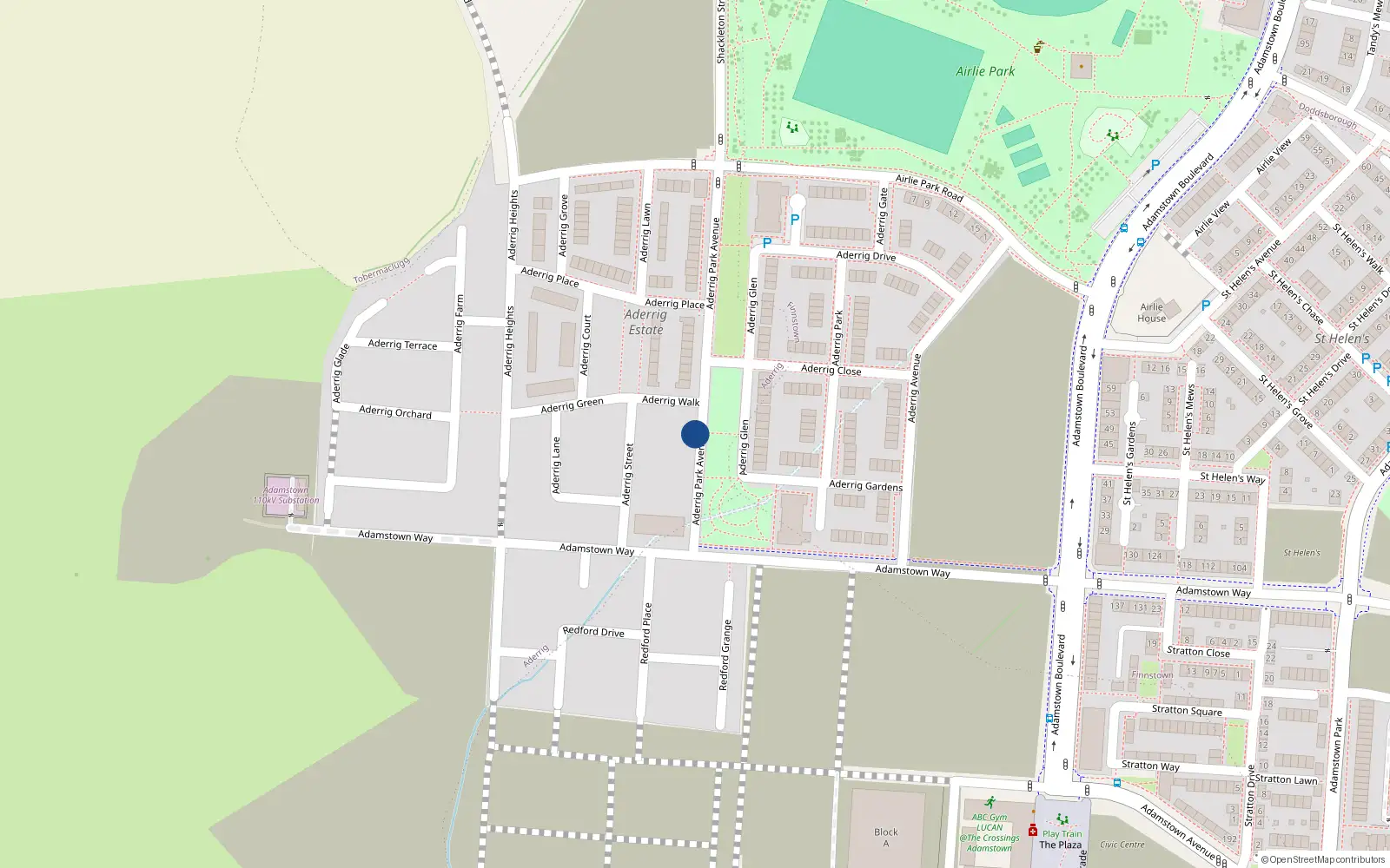 Overhead map showing the location of 27aderrig Park Avenue, Adamstown, Lucan