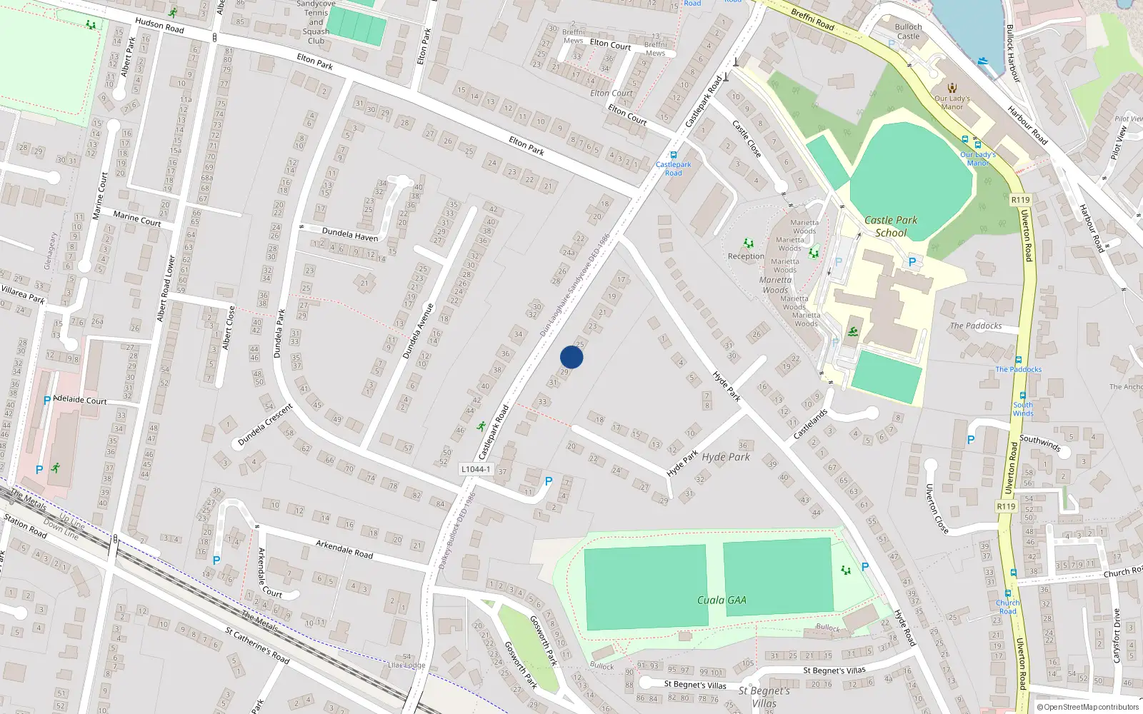 Overhead map showing the location of 27 Castle Park Road, Sandycove