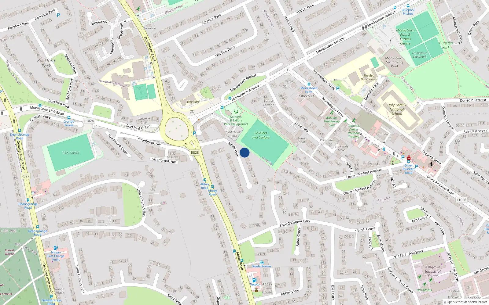 Overhead map showing the location of 28 Abbey Park, Monkstown, Co Dublin
