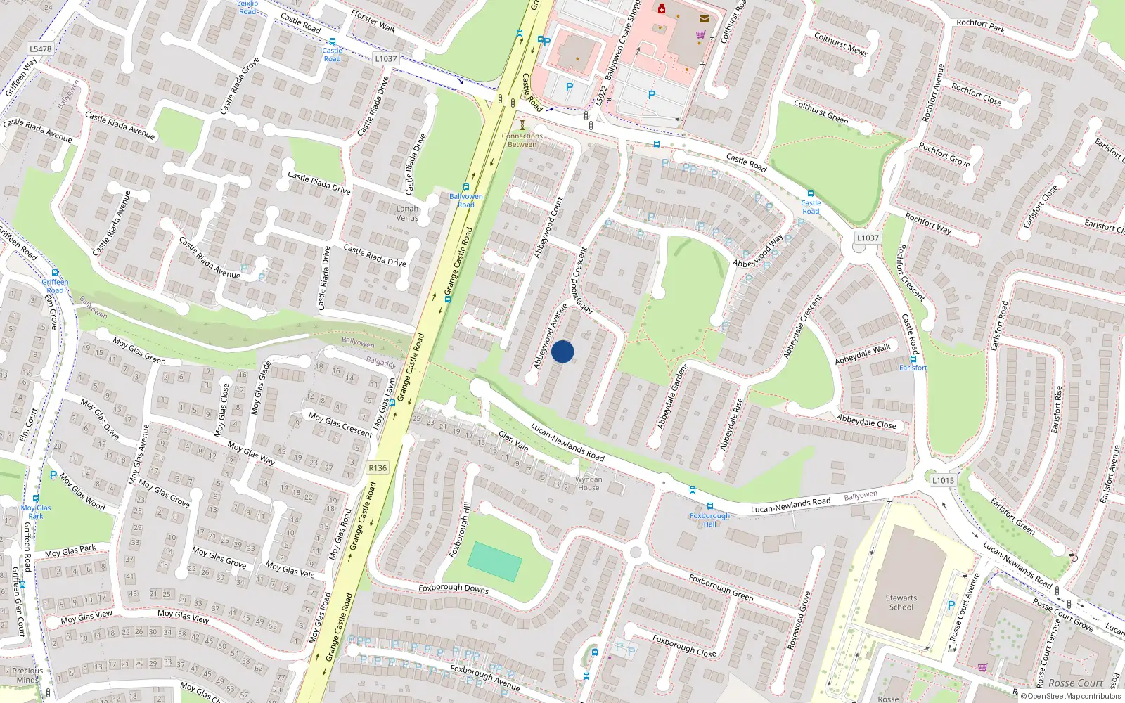 Overhead map showing the location of 28 Abbeywood Avenue, Lucan, Dublin