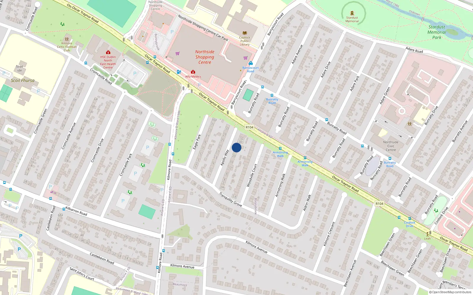 Overhead map showing the location of 28 Apollo Way, Woodville Estate, Coolock Dublin 5