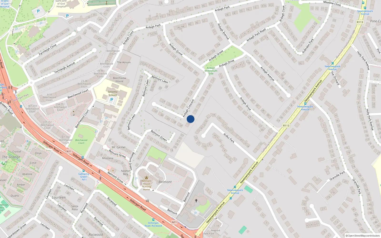 Overhead map showing the location of 28 Ardagh Crescent, Blackrock, Co Dublin